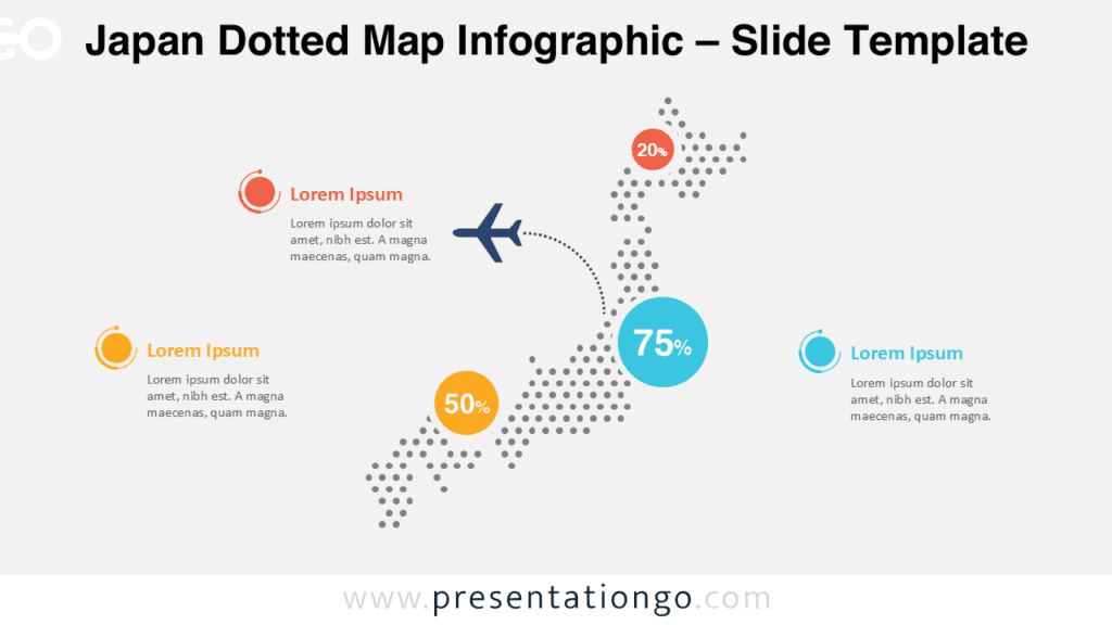 Japan Dotted Map Infographic Slide for PowerPoint and Google Slides Editable Japan dotted map infographic for PowerPoint and Google Slides with vector dots, connectors, and text placeholders for data visualization.