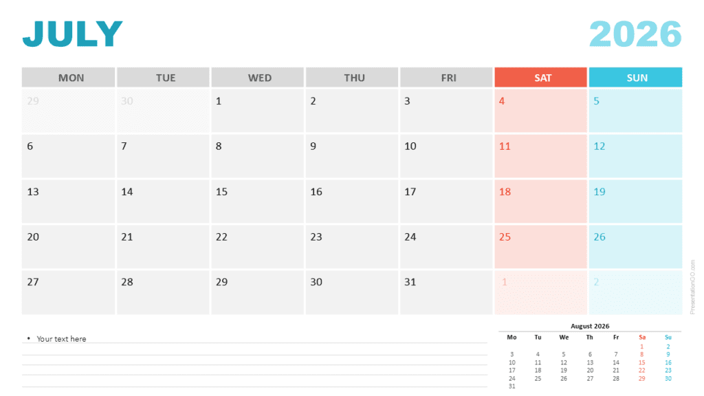 July 2026 Calendar Monday Start for PowerPoint July 2026 calendar with a Monday week start for PowerPoint and Google Slides and a cleanly organized monthly grid.