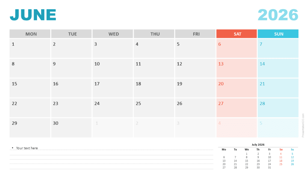June 2026 Calendar Monday Start for PowerPoint June 2026 calendar with a Monday week start for PowerPoint and Google Slides featuring a structured grid and weekend highlights.