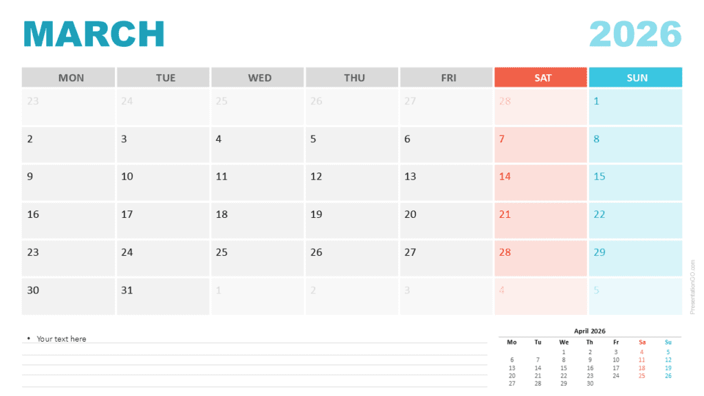 March 2026 Calendar Monday Start for PowerPoint March 2026 calendar with a Monday week start for PowerPoint and Google Slides using a clean monthly grid and weekend color indicators.