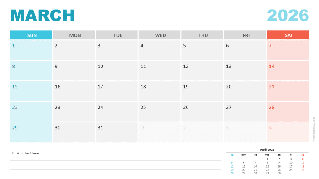 March 2026 Calendar Sunday Start for PowerPoint March 2026 calendar with a Sunday week start for PowerPoint and Google Slides showing a clear grid, highlighted weekends, and room for annotations.