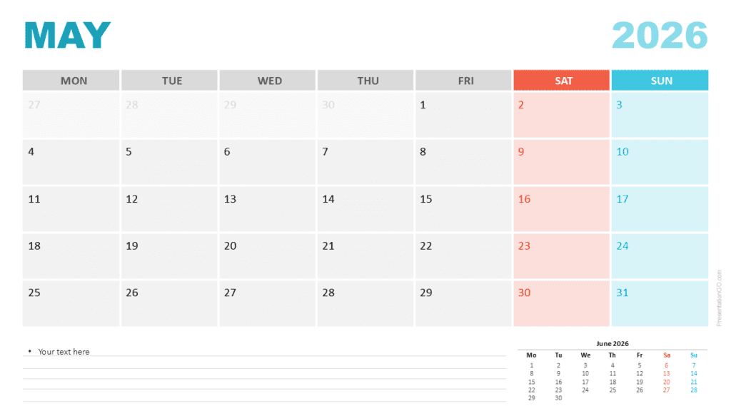 May 2026 Calendar Monday Start for PowerPoint May 2026 calendar starting on Monday for PowerPoint and Google Slides featuring a clean grid layout and colored weekend columns.