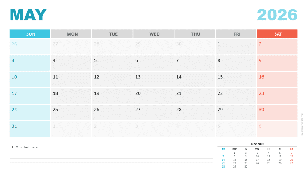 May 2026 Calendar Sunday Start for PowerPoint May 2026 calendar using a Sunday week start for PowerPoint and Google Slides with a clear monthly grid and weekend color accents.