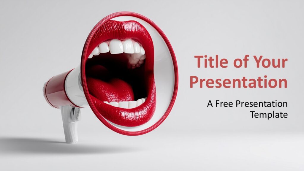Megaphone Message Cover Slide for PowerPoint Cover slide of the Megaphone Message template for PowerPoint and Google Slides with bold red lips megaphone artwork and clear headline placement.