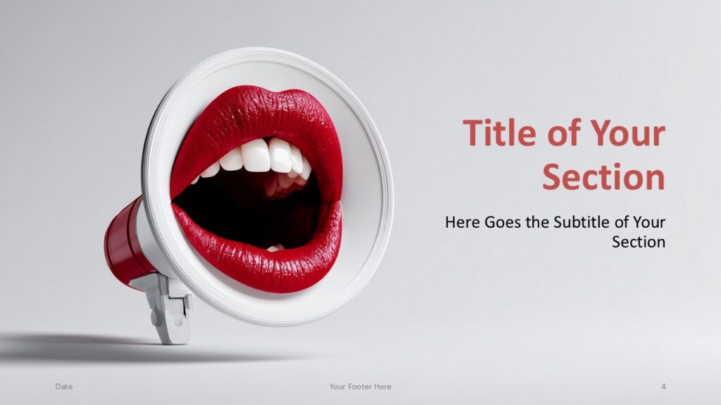 Megaphone Message Section Divider PowerPoint Slide Section divider from the Megaphone Message template for PowerPoint and Google Slides showing a large red megaphone graphic beside a chapter heading.