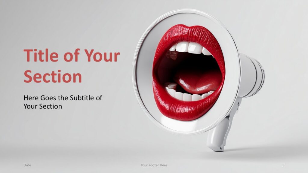 Megaphone Message Alternate Section Divider Alternate section divider from the Megaphone Message template for PowerPoint and Google Slides featuring reversed layout and bold communication artwork.