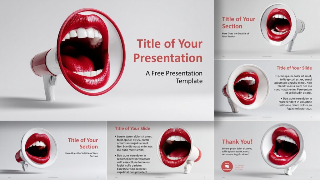 Preview of the Megaphone Message template for PowerPoint and Google Slides featuring expressive red megaphone visuals and clean modern presentation layouts.