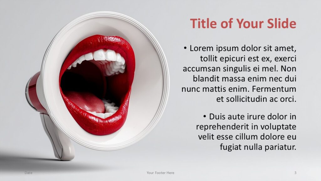 Megaphone Message Alternate Content Slide Second content layout of the Megaphone Message template for PowerPoint and Google Slides with mirrored text placement and bold red megaphone imagery.