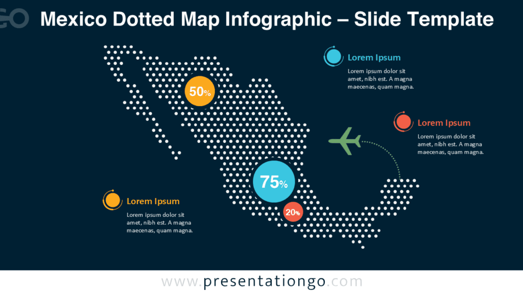 Mexico Dotted Map Infographic for PowerPoint on Dark Background Mexico dotted map infographic optimized for PowerPoint presentations using dark slides with high contrast dots and editable elements.