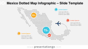 Editable Mexico dotted map for PowerPoint and Google Slides with customizable dots, percentage markers, arrows, and text labels.