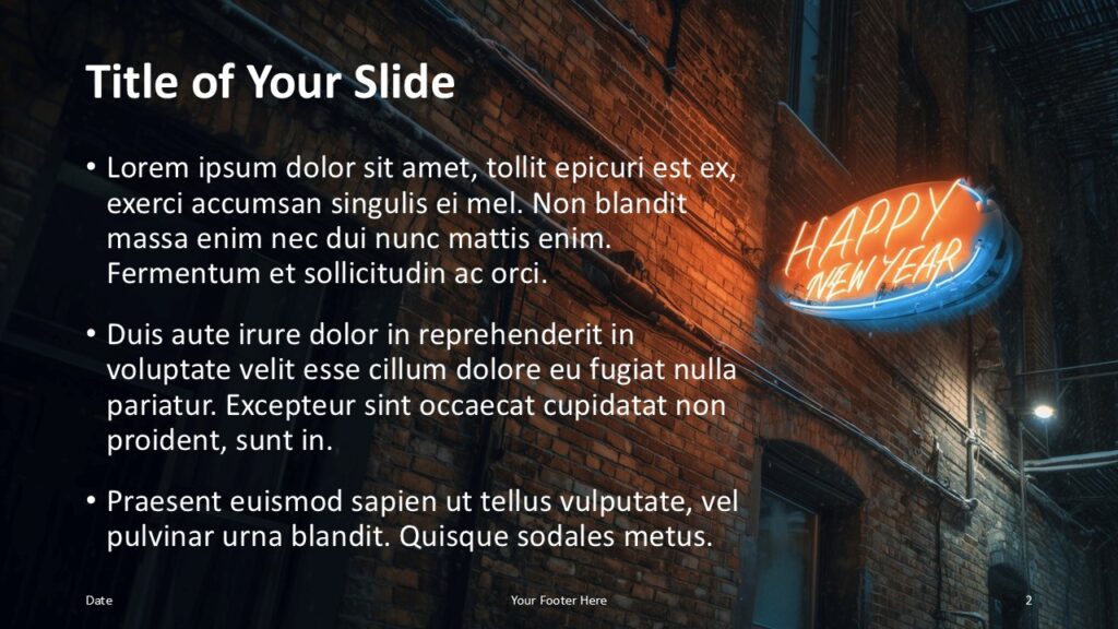 Neon New Year 2026 Content Slide PowerPoint Title and content slide layout from the Neon New Year 2026 template for PowerPoint and Google Slides with clear text structure.