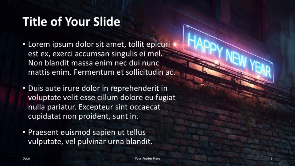 Neon New Year 2026 PowerPoint Content Layout Alternate title and content slide from the Neon New Year 2026 PowerPoint and Google Slides template with neon accent visuals.