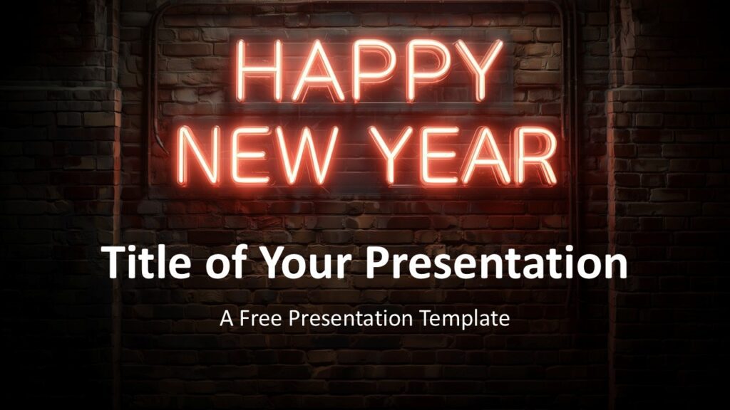 Neon New Year 2026 Cover Slide PowerPoint Neon New Year 2026 cover slide design for PowerPoint and Google Slides with cinematic neon typography and urban background.