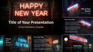 Overview of the Neon New Year 2026 template for PowerPoint and Google Slides showing cohesive layouts and festive neon design.