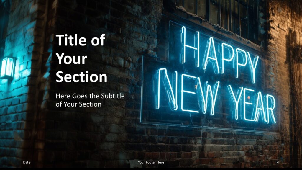 Neon New Year 2026 Section Divider PowerPoint Section divider slide from the Neon New Year 2026 template for PowerPoint and Google Slides designed for clear presentation flow.