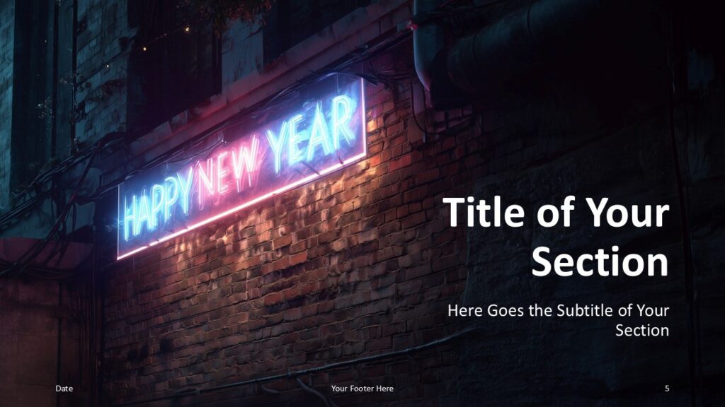 Neon New Year 2026 PowerPoint Section Slide Alternative section divider layout in the Neon New Year 2026 PowerPoint and Google Slides template with strong neon focus.