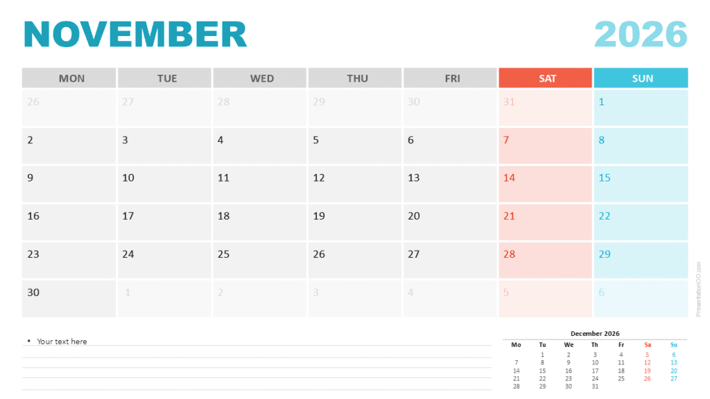 November 2026 Calendar Monday Start for PowerPoint November 2026 calendar with a Monday week start for PowerPoint and Google Slides showing a clean layout and highlighted weekends.
