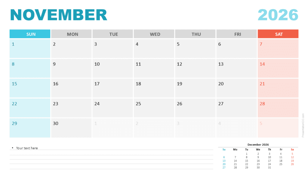 November 2026 calendar with a Sunday week start for PowerPoint and Google Slides featuring weekend colors and a structured grid.