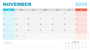 November 2026 calendar with a Sunday week start for PowerPoint and Google Slides featuring weekend colors and a structured grid.