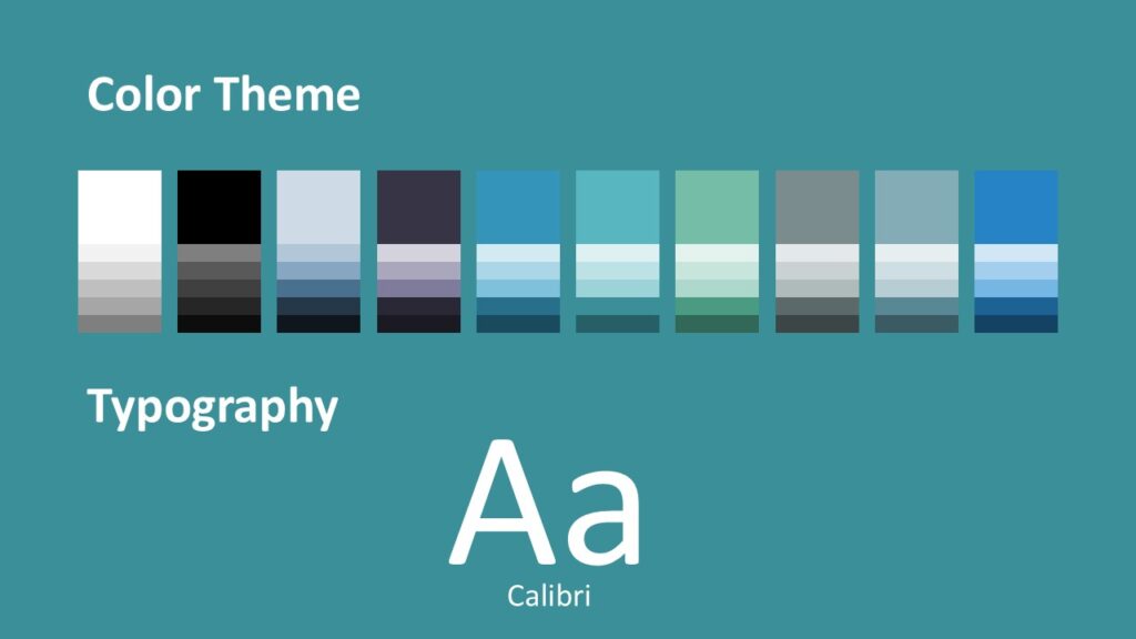 Color palette and typography slide in the Ocean Freight Template for PowerPoint and Google Slides showing theme colors and Calibri font style.