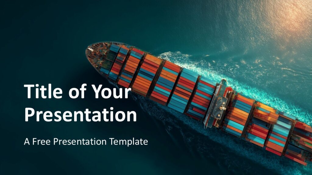 Cover slide of the Ocean Freight Business Template for PowerPoint and Google Slides featuring a cargo ship and bold title area for professional presentations.