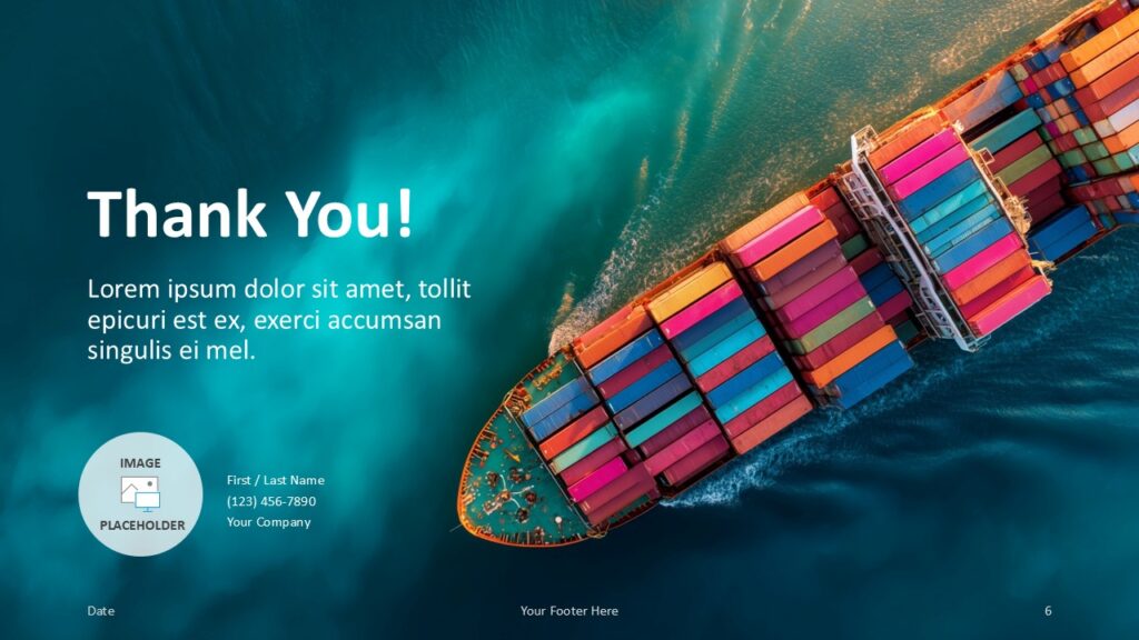 Thank You slide from the Ocean Freight Template for PowerPoint and Google Slides with maritime background and space for contact information.