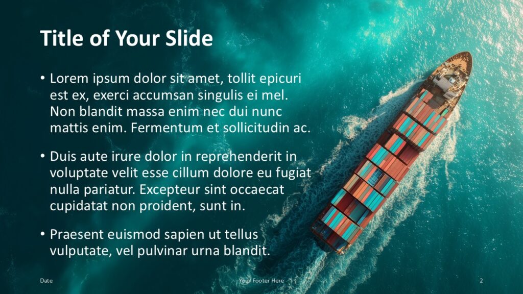 Title and content slide option in the Ocean Freight Template for PowerPoint and Google Slides using maritime imagery and clean space for text.