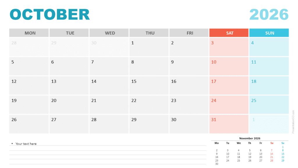 October 2026 Calendar Monday Start for PowerPoint October 2026 calendar beginning on Monday for PowerPoint and Google Slides with clear weekdays and highlighted weekends.
