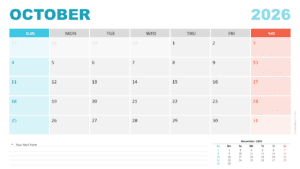 October 2026 calendar starting on Sunday for PowerPoint and Google Slides with weekend colors and a clean grid.