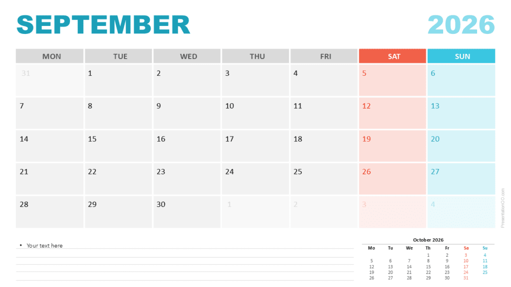 September 2026 Calendar Monday Start for PowerPoint September 2026 calendar with a Monday start for PowerPoint and Google Slides showing a clean layout and highlighted weekends.