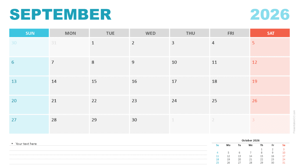 September 2026 calendar starting on Sunday for PowerPoint and Google Slides featuring a clear grid and weekend color accents.