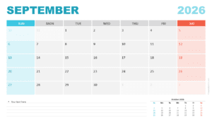 September 2026 calendar starting on Sunday for PowerPoint and Google Slides featuring a clear grid and weekend color accents.