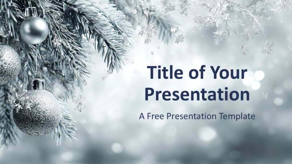 Silver Pine PowerPoint Cover Slide Elegant cover slide from the Silver Pine template for PowerPoint and Google Slides featuring frosted pine visuals and refined winter styling.