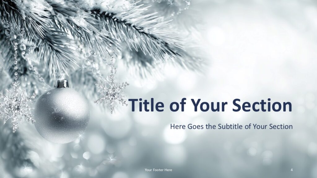 Silver Pine PowerPoint Section Divider Slide Section divider slide from the Silver Pine template for PowerPoint and Google Slides used to separate topics with winter-themed design.