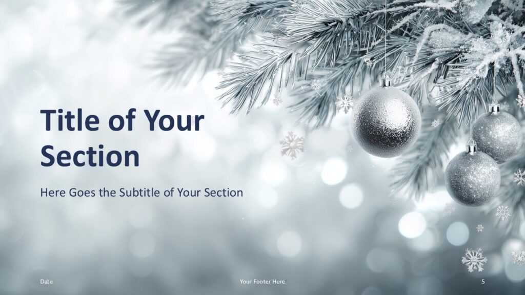 Silver Pine PowerPoint Divider Layout Alternate section divider layout in the Silver Pine template for PowerPoint and Google Slides featuring elegant seasonal visuals.
