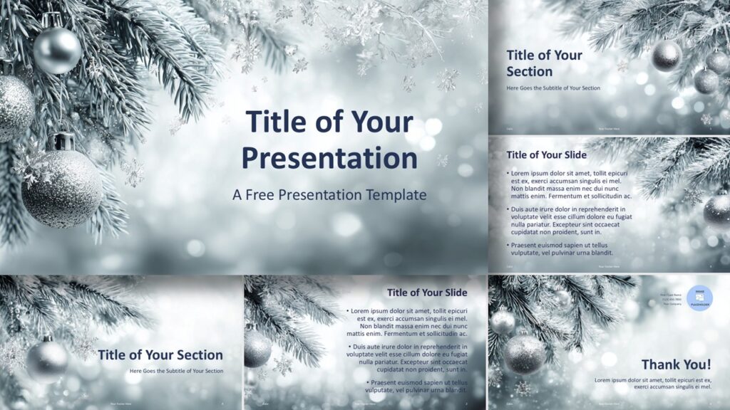 Overview of the Silver Pine template for PowerPoint and Google Slides showing all slide layouts with elegant winter design and clean structure.
