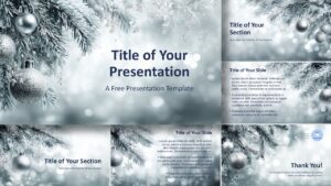 Overview of the Silver Pine template for PowerPoint and Google Slides showing all slide layouts with elegant winter design and clean structure.