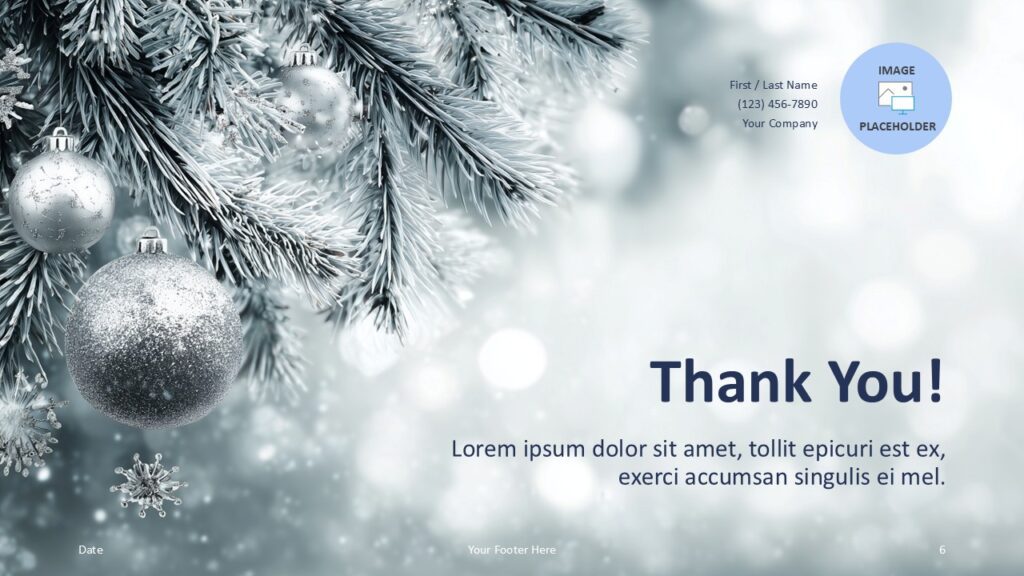 Silver Pine PowerPoint Thank You Slide Thank you slide from the Silver Pine template for PowerPoint and Google Slides suitable for closing presentations professionally.