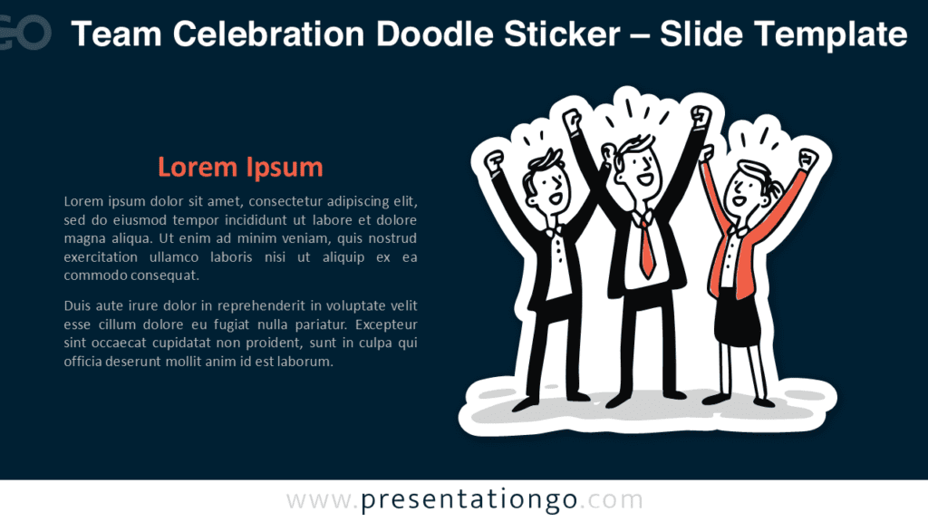 Team celebration doodle sticker designed for PowerPoint slides with dark themes, also compatible with Google Slides for achievement presentations.