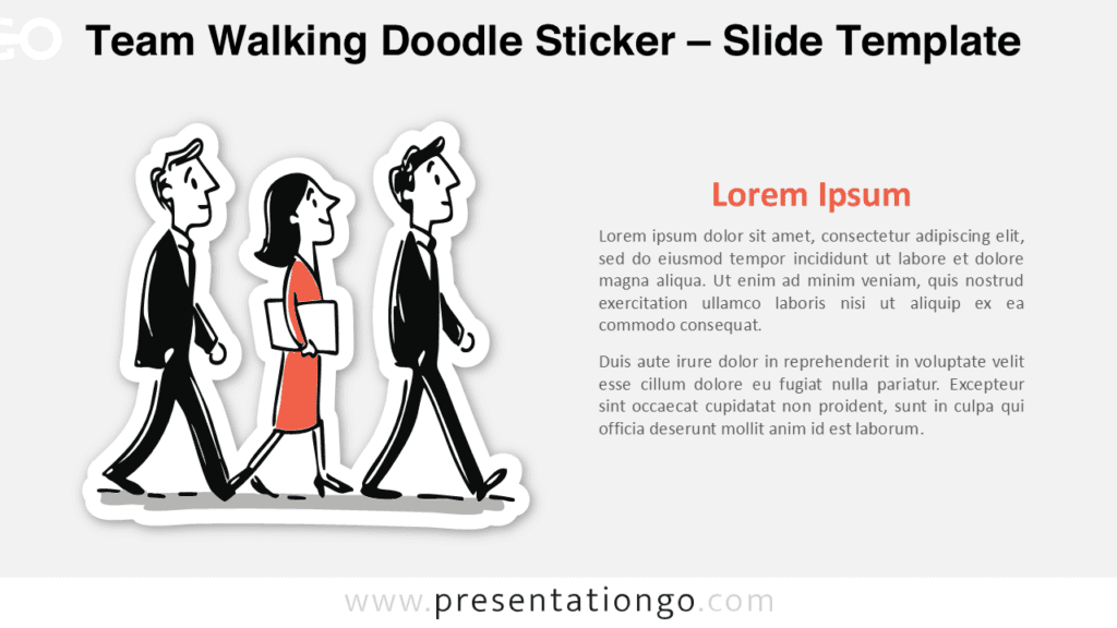 Hand-drawn walking team doodle sticker for PowerPoint and Google Slides featuring three professionals in a friendly sketch style for business themes.
