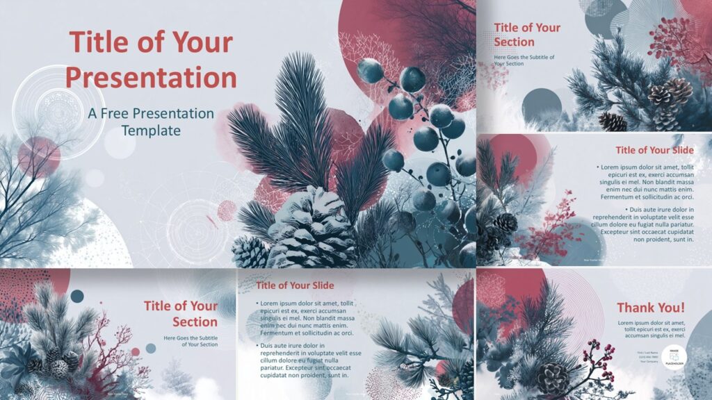 Overview of the Winter Botanica template for PowerPoint and Google Slides showing consistent layouts, colors, and winter visuals.