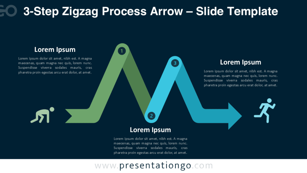 3-Step Zigzag Process Arrow Diagram for PowerPoint on Dark Background 3-step zigzag process arrow diagram for PowerPoint optimized for dark slides, with numbered steps, icons, and a clear directional flow.