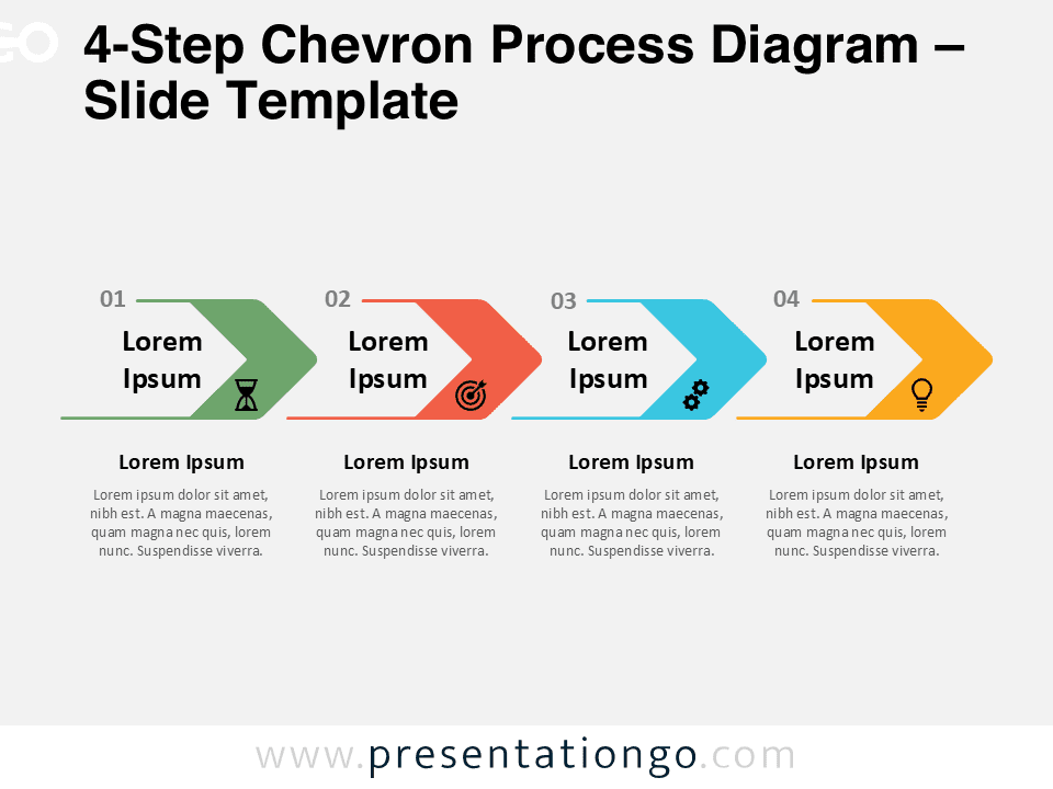 4-step chevron process diagram for PowerPoint and Google Slides with four linear steps, editable icons, and clear workflow structure.