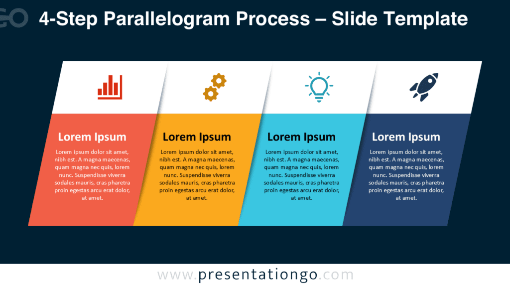 4-Step Parallelogram Process Dark Background PowerPoint Four-step parallelogram process diagram for PowerPoint with icons and angled shapes, designed for high contrast and visual clarity