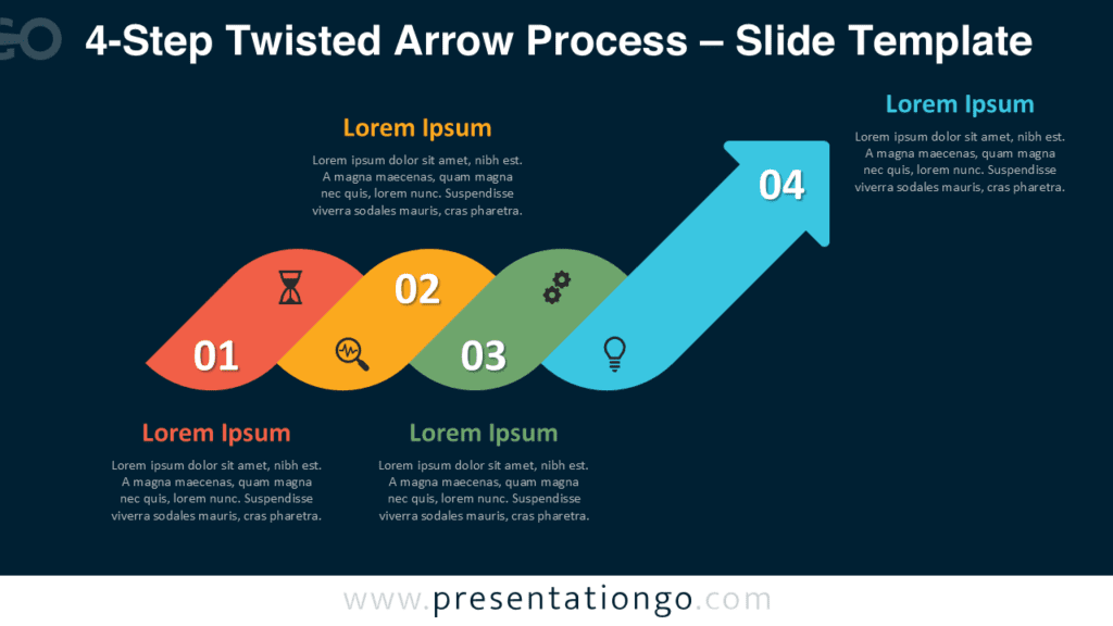 4-Step Twisted Arrow Process Dark Background PowerPoint 4-step twisted arrow process diagram for PowerPoint on a dark background with ribbon steps, numbers, and icon placeholders.