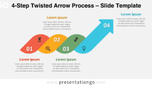 4-step twisted arrow process infographic for PowerPoint and Google Slides showing a ribbon flow with icons and titles.