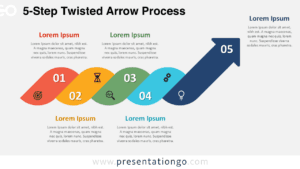 5-step twisted arrow workflow diagram for PowerPoint and Google Slides with a continuous ribbon path, numbers, and icons.
