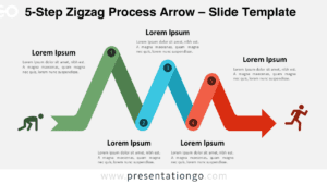 Editable 5-step zigzag process arrow diagram for PowerPoint and Google Slides with numbered milestones, icons, and customizable arrow path.