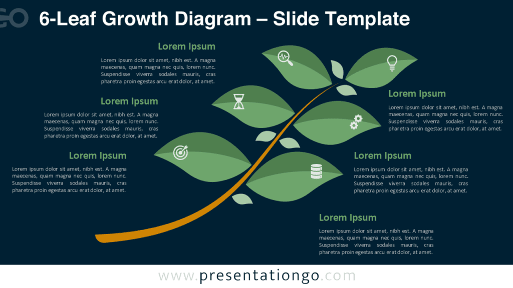 6-Leaf Growth Diagram PowerPoint Dark Background 6-leaf growth diagram for PowerPoint optimized for dark slides, featuring editable leaf shapes and icons for structured growth presentations.