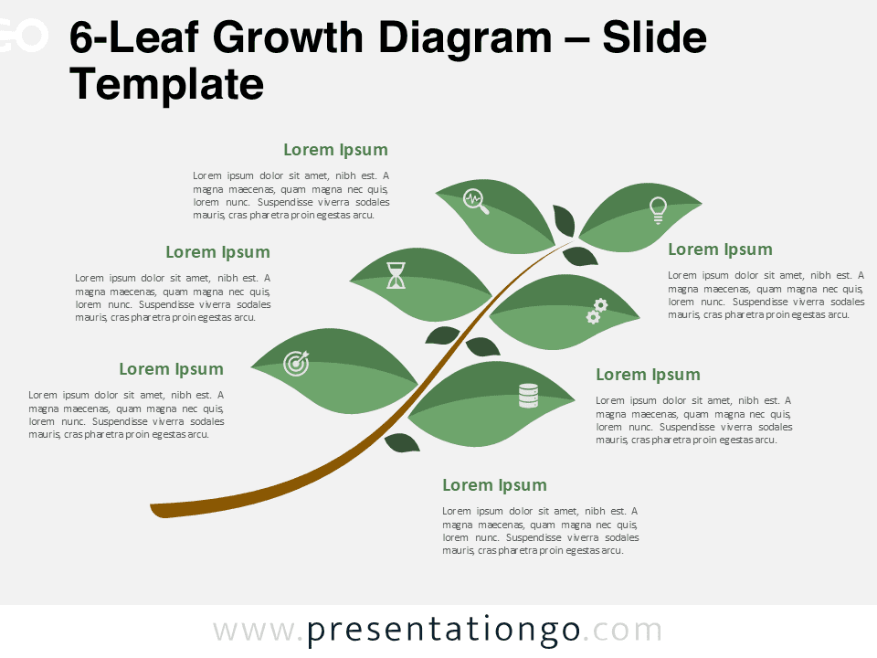 6-leaf growth diagram for PowerPoint and Google Slides showing an organic leaf-based framework with editable icons for strategy and process visualization.